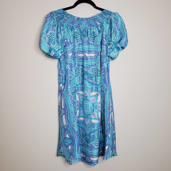 Calypso Dresses & Skirts - CALYPSO CHRISTIANE CELLE Blue Paisley Silk Print Short Sleeve Mini Dress Sz L